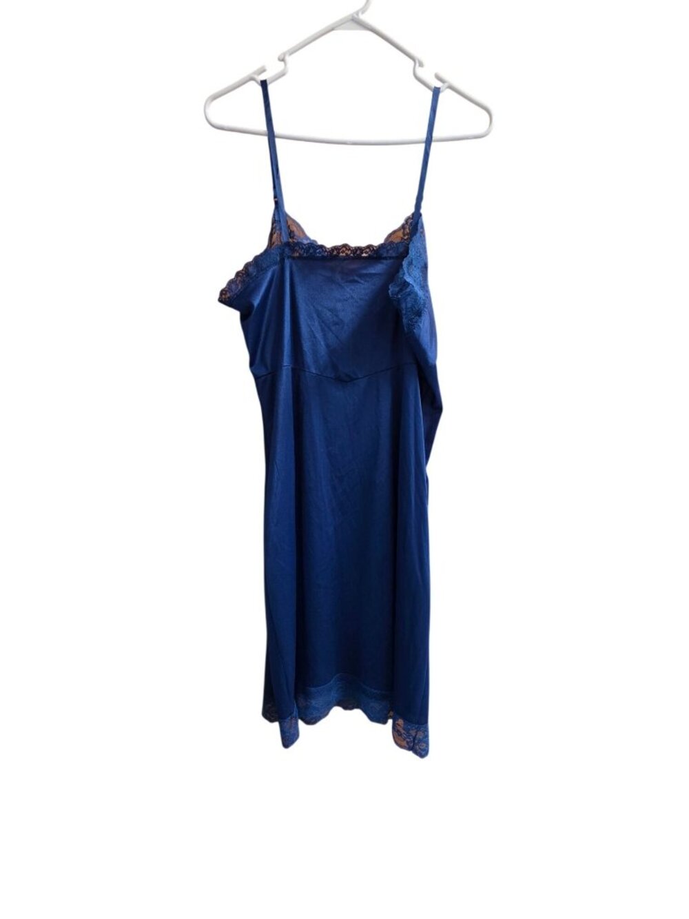 Vintage 70s 80s Cobalt Blue Satin Slip Dress Nightgown Lace L 14 Coquette - Picture 4 of 6